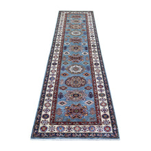 Load image into Gallery viewer, 2&#39;7&quot;x9&#39;10&quot; Light Blue, Natural Dyes Afghan Super Kazak with Geometric Medallion Design Hand Knotted Pure Wool Oriental Rug FWR427746
