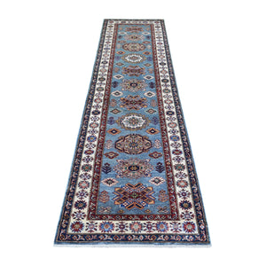 2'7"x9'10" Light Blue, Natural Dyes Afghan Super Kazak with Geometric Medallion Design Hand Knotted Pure Wool Oriental Rug FWR427746