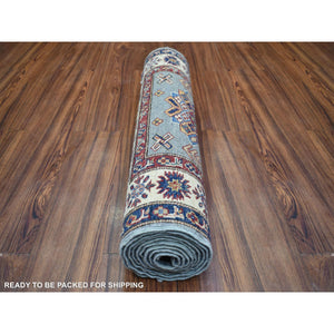 2'7"x9'10" Light Blue, Natural Dyes Afghan Super Kazak with Geometric Medallion Design Hand Knotted Pure Wool Oriental Rug FWR427746