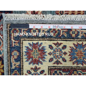 2'7"x9'10" Light Blue, Natural Dyes Afghan Super Kazak with Geometric Medallion Design Hand Knotted Pure Wool Oriental Rug FWR427746