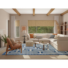 Load image into Gallery viewer, 9&#39;2&quot;x11&#39;9&quot; Denim Blue Maze Design with Berber Influence, Hand Knotted, Densely Woven, Soft and Shiny Wool Oriental Rug FWR428088