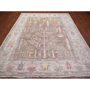 8'2"x10' Mocha Brown, Hand Knotted Angora Ushak with Cypress and Willow Tree Design, Natural Dyes Afghan Wool, Oriental Rug FWR428130
