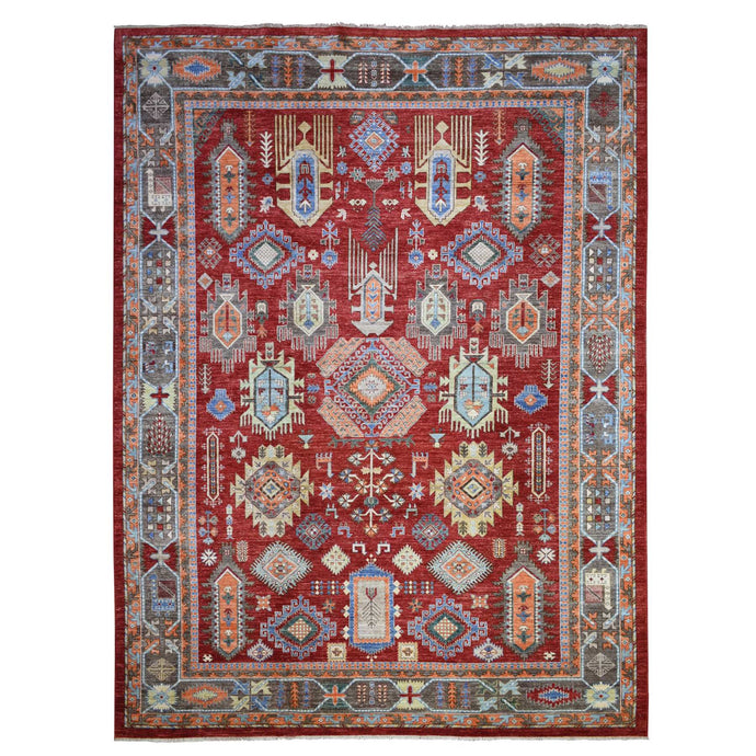 9'x12' Rich Red, Hand Knotted Afghan Ersari with Large Elements Design, Vegetable Dyes Pure Wool, Oriental Rug FWR428184
