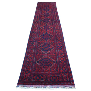 2'7"x13' Deep and Saturated Red, Afghan Khamyab with Geometric Medallions, Soft and Shiny Wool Hand Knotted, Runner Oriental Rug FWR428232