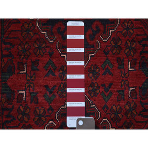 2'7"x13' Deep and Saturated Red, Afghan Khamyab with Geometric Medallions, Soft and Shiny Wool Hand Knotted, Runner Oriental Rug FWR428232
