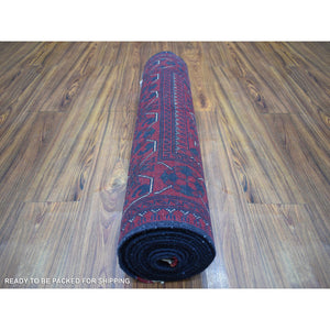 2'7"x13' Deep and Saturated Red, Afghan Khamyab with Geometric Medallions, Soft and Shiny Wool Hand Knotted, Runner Oriental Rug FWR428232