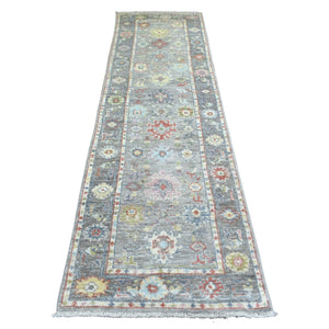 2'6"x9'5" Gray, Afghan Wool Hand Knotted, Angora Ushak with Colorful Motifs Natural Dyes, Runner Oriental Rug FWR428508