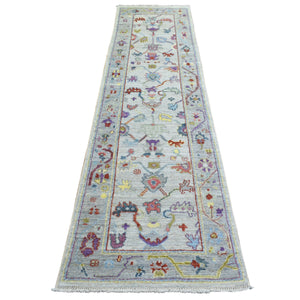 2'5"x9'8" Silver Gray, Pure Wool Hand Knotted, Afghan Angora Ushak Natural Dyes, Runner Oriental Rug FWR428544