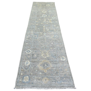 2'9"x11'7" Gray, Hand Knotted Afghan Angora Ushak, Natural Dyes Pure Wool, Runner Oriental Rug FWR428592