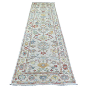 3'x11'8" Ivory, Hand Knotted Afghan Angora Oushak, Natural Dyes Soft Wool, Runner Oriental Rug FWR429048