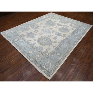8'x9'9" Ivory, Hand Knotted Afghan Angora Oushak with Large Leaf Design, Natural Dyes Soft Wool, Oriental Rug FWR429120