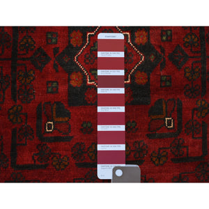 3'x9'6" Deep and Saturated Red, Afghan Khamyab with Geometric Design, Shiny Wool Hand Knotted, Wide Runner Oriental Rug FWR429246