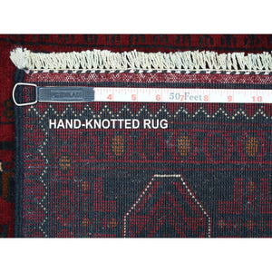 3'x9'6" Deep and Saturated Red, Afghan Khamyab with Geometric Design, Shiny Wool Hand Knotted, Wide Runner Oriental Rug FWR429246
