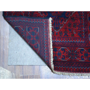 2'9"x12'5" Deep and Saturated Red, Afghan Khamyab with Geometric Medallions Design, Soft and Shiny Wool Hand Knotted, Runner Oriental Rug FWR429408