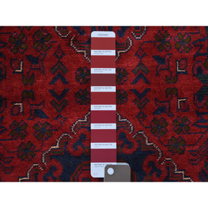 2'9"x12'5" Deep and Saturated Red, Afghan Khamyab with Geometric Medallions Design, Soft and Shiny Wool Hand Knotted, Runner Oriental Rug FWR429408