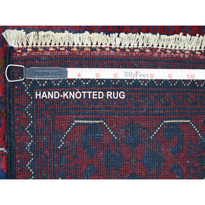 2'9"x12'5" Deep and Saturated Red, Afghan Khamyab with Geometric Medallions Design, Soft and Shiny Wool Hand Knotted, Runner Oriental Rug FWR429408