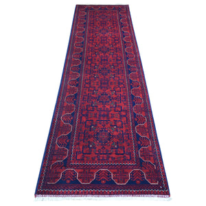 2'7"x9'7" Deep and Saturated Red, Hand Knotted Afghan Khamyab with Geometric Design, Pure Wool, Runner Oriental Rug FWR429420