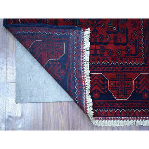 2'7"x9'7" Deep and Saturated Red, Hand Knotted Afghan Khamyab with Geometric Design, Pure Wool, Runner Oriental Rug FWR429420