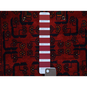 2'7"x9'7" Deep and Saturated Red, Hand Knotted Afghan Khamyab with Geometric Design, Pure Wool, Runner Oriental Rug FWR429420