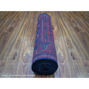 2'7"x9'7" Deep and Saturated Red, Hand Knotted Afghan Khamyab with Geometric Design, Pure Wool, Runner Oriental Rug FWR429420