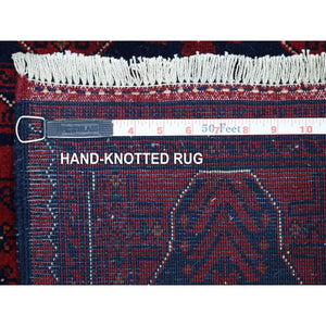 2'7"x9'7" Deep and Saturated Red, Hand Knotted Afghan Khamyab with Geometric Design, Pure Wool, Runner Oriental Rug FWR429420