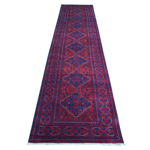 2'9"x12'5" Deep and Saturated Red, Hand Knotted Afghan Khamyab with Geometric Medallions Design, Soft Wool, Runner Oriental Rug FWR429426