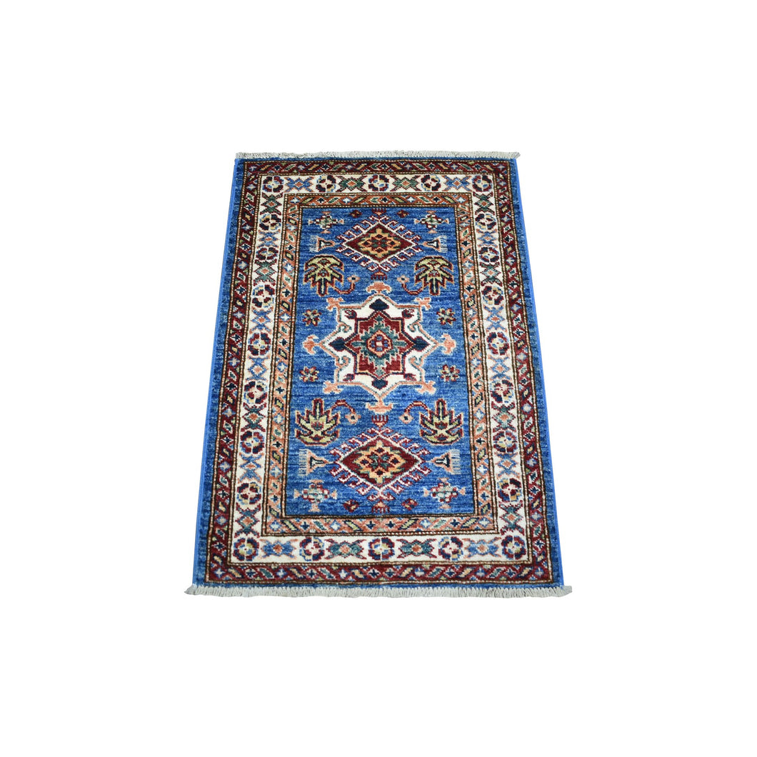 2'x3' Denim Blue, Soft Wool Hand Knotted, Afghan Super Kazak with Tribal Design, Natural Dyes Densely Woven, Mat Oriental Rug FWR429438