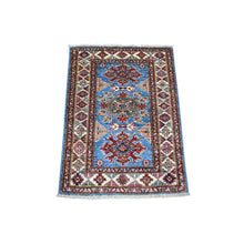 Load image into Gallery viewer, 2&#39;1&quot;x2&#39;10&quot; Denim Blue, Densely Woven Pure Wool Hand Knotted, Caucasian Super Kazak with Geometric Design Natural Dyes, Mat Oriental Rug FWR429516