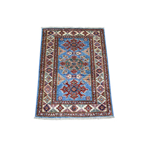 2'1"x2'10" Denim Blue, Densely Woven Pure Wool Hand Knotted, Caucasian Super Kazak with Geometric Design Natural Dyes, Mat Oriental Rug FWR429516