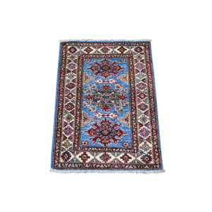 2'x2'9" Blue, Caucasian Super Kazak, Natural Dyes Densely Woven, Shiny and SoftÊWool Hand Knotted, Mat Oriental Rug FWR429528