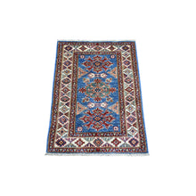 Load image into Gallery viewer, 2&#39;x3&#39; Blue, Ghazni Wool Hand Knotted, Afghan Super Kazak Natural Dyes Densely Woven, Mat Oriental Rug FWR429570
