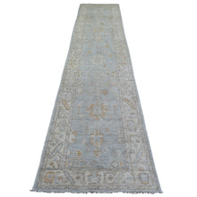 Load image into Gallery viewer, 2&#39;9&quot;x13&#39;9&quot; Silver Blue Angora Ushak Natural Dyes, Flowing And Open Design Serrated Leaf Border Afghan Wool Hand Knotted Runner Oriental Rug FWR429834
