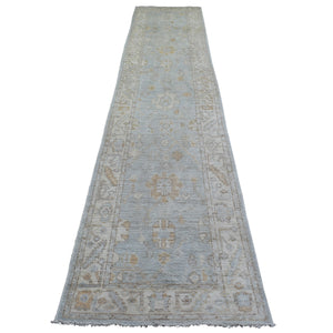 2'9"x13'9" Silver Blue Angora Ushak Natural Dyes, Flowing And Open Design Serrated Leaf Border Afghan Wool Hand Knotted Runner Oriental Rug FWR429834