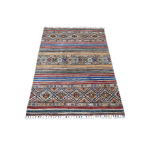 Load image into Gallery viewer, 3&#39;6&quot;x4&#39;10&quot; Colorful, Natural Dyes Densely Woven Ghazni Wool, Hand Knotted Afghan Super Kazak with Khorjin Design, Oriental Rug FWR429882