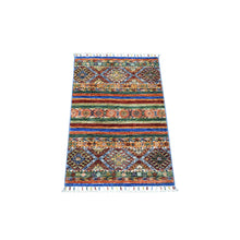 Load image into Gallery viewer, 2&#39;x3&#39;2&quot; Colorful, Natural Dyes Densely Woven Soft Wool, Hand Knotted Afghan Super Kazak with Khorjin Design, Mat Oriental Rug FWR429972