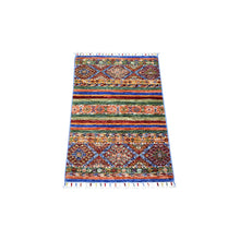 Load image into Gallery viewer, 2&#39;x3&#39;2&quot; Colorful, Hand Knotted Afghan Super Kazak with Khorjin Design, Natural Dyes Densely Woven Ghazni Wool, Mat Oriental Rug FWR429984