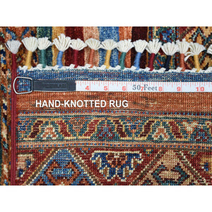 2'x3'1" Colorful, Shiny and SoftÊWool Hand Knotted, Caucasian Super Kazak with Khorjin Design Natural Dyes Densely Woven, Mat Oriental Rug FWR430014