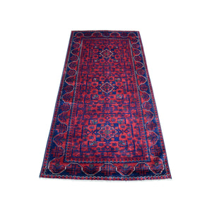 3'x6'2" Deep and Saturated Red, Hand Knotted Afghan Khamyab with Geometric Design Soft and Shiny Wool, Wide Runner Oriental Rug FWR430146