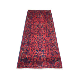 2'8"x6'6" Deep and Saturated Red, Afghan Khamyab with Geometric Design, Soft Wool Hand Knotted, Runner Oriental Rug FWR430164