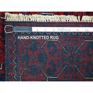 2'8"x4'1" Deep and Saturated Red, Afghan Khamyab with Double Geometric Medallions Design, Soft and Shiny Wool Hand Knotted, Oriental Rug FWR430182