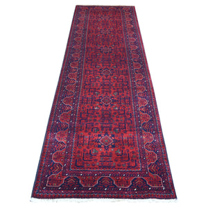 2'10"x9'9" Deep and Saturated Red, Hand Knotted Afghan Khamyab with Geometric Design, Velvety Wool, Runner Oriental Rug FWR430188