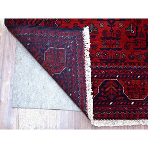 2'10"x9'9" Deep and Saturated Red, Hand Knotted Afghan Khamyab with Geometric Design, Velvety Wool, Runner Oriental Rug FWR430188