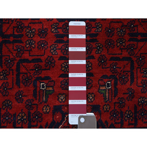 2'10"x9'9" Deep and Saturated Red, Hand Knotted Afghan Khamyab with Geometric Design, Velvety Wool, Runner Oriental Rug FWR430188