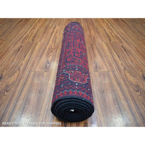 2'10"x9'9" Deep and Saturated Red, Hand Knotted Afghan Khamyab with Geometric Design, Velvety Wool, Runner Oriental Rug FWR430188