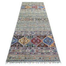 Load image into Gallery viewer, 3&#39;5&quot;x10&#39; Taupe Gray Natural Dyes Afghan Super Kazak with Khorjin Design Densely Woven Soft Wool, Hand Knotted, Runner Oriental Rug FWR430506