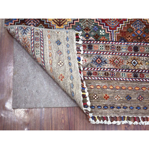 3'5"x10' Taupe Gray Natural Dyes Afghan Super Kazak with Khorjin Design Densely Woven Soft Wool, Hand Knotted, Runner Oriental Rug FWR430506