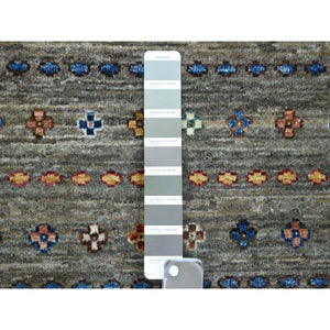 3'5"x10' Taupe Gray Natural Dyes Afghan Super Kazak with Khorjin Design Densely Woven Soft Wool, Hand Knotted, Runner Oriental Rug FWR430506