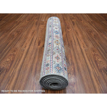 Load image into Gallery viewer, 3&#39;5&quot;x10&#39; Taupe Gray Natural Dyes Afghan Super Kazak with Khorjin Design Densely Woven Soft Wool, Hand Knotted, Runner Oriental Rug FWR430506