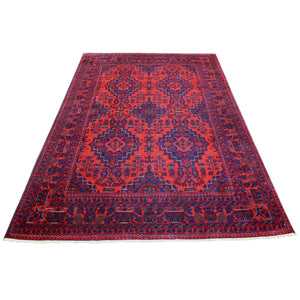 5'6"x7'8" Deep and Saturated Red, Hand Knotted Afghan Khamyab with Geometric Medallions Design, Soft Wool, Oriental Rug FWR430638