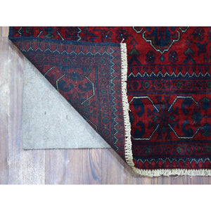 2'9"x4'3" Deep and Saturated Red, Afghan Khamyab with Double Geometric Medallion Design, Shiny Wool Hand Knotted, Oriental Rug FWR430680